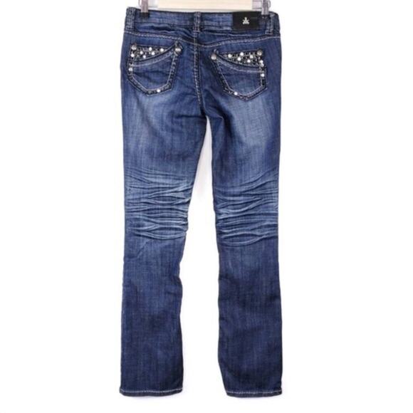 Buckle Antique Rivet Factory Distressed Rhinestone Pocket Boot Cut Denim Jeans - Picture 1 of 6